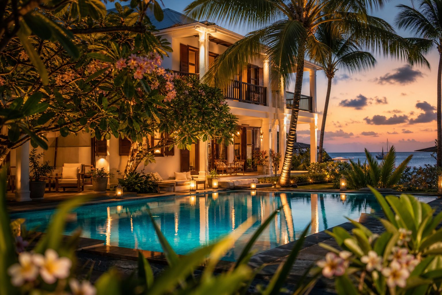 Boutique hôtel de charme au crépuscule à l'île Maurice