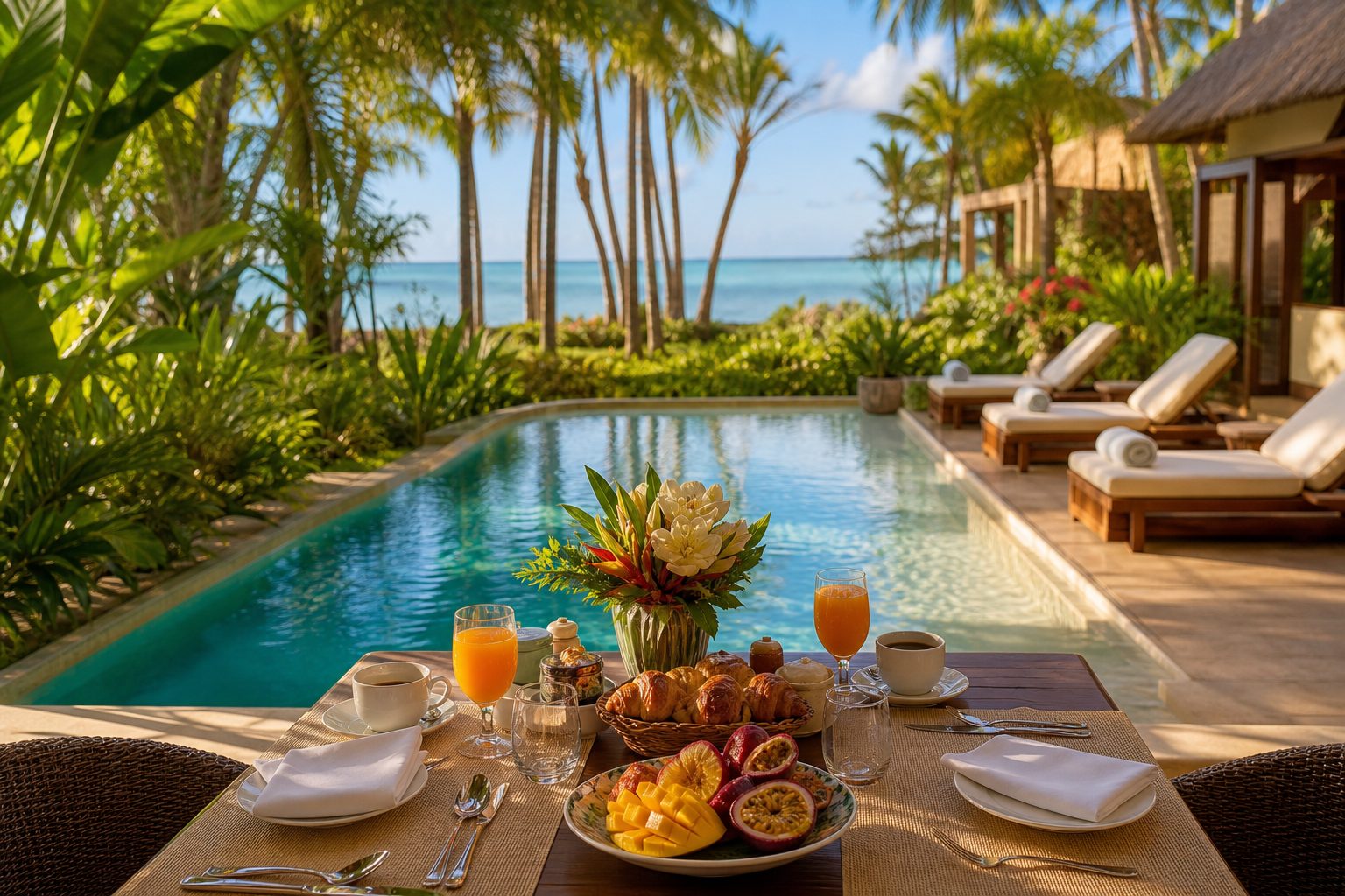 Petit-déjeuner en amoureux au bord de la piscine à Grand Baie