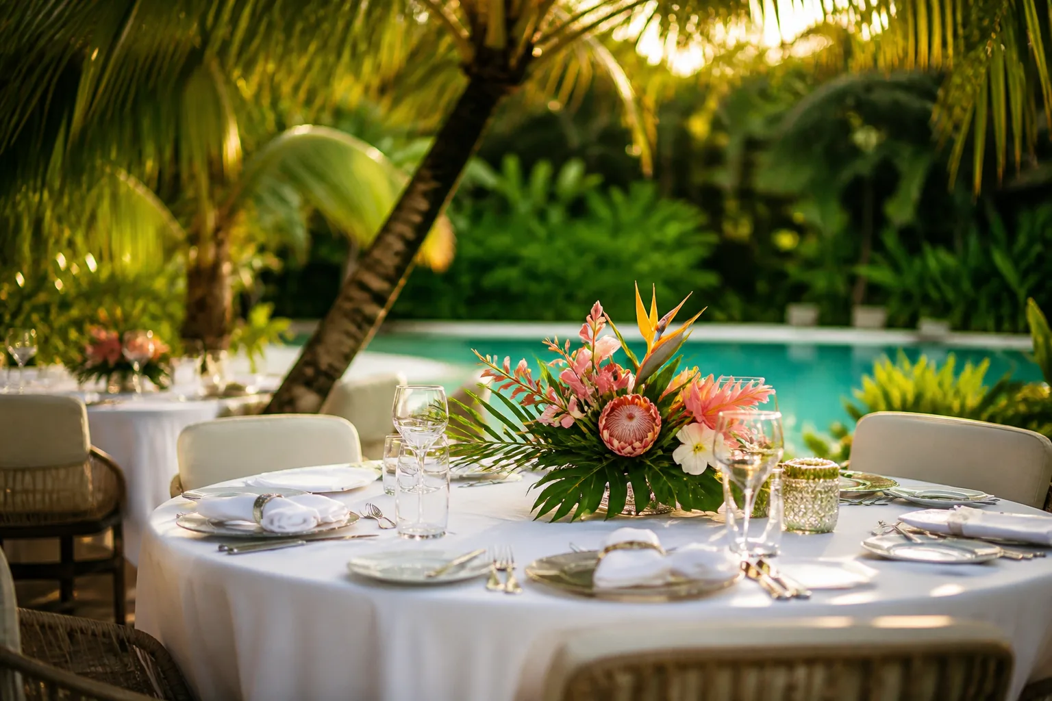 Table de mariage dressée dans le jardin tropical d’un boutique-hôtel à l’île Maurice Table de mariage dressée dans le jardin tropical d'un boutique-hôtel à l'île Maurice