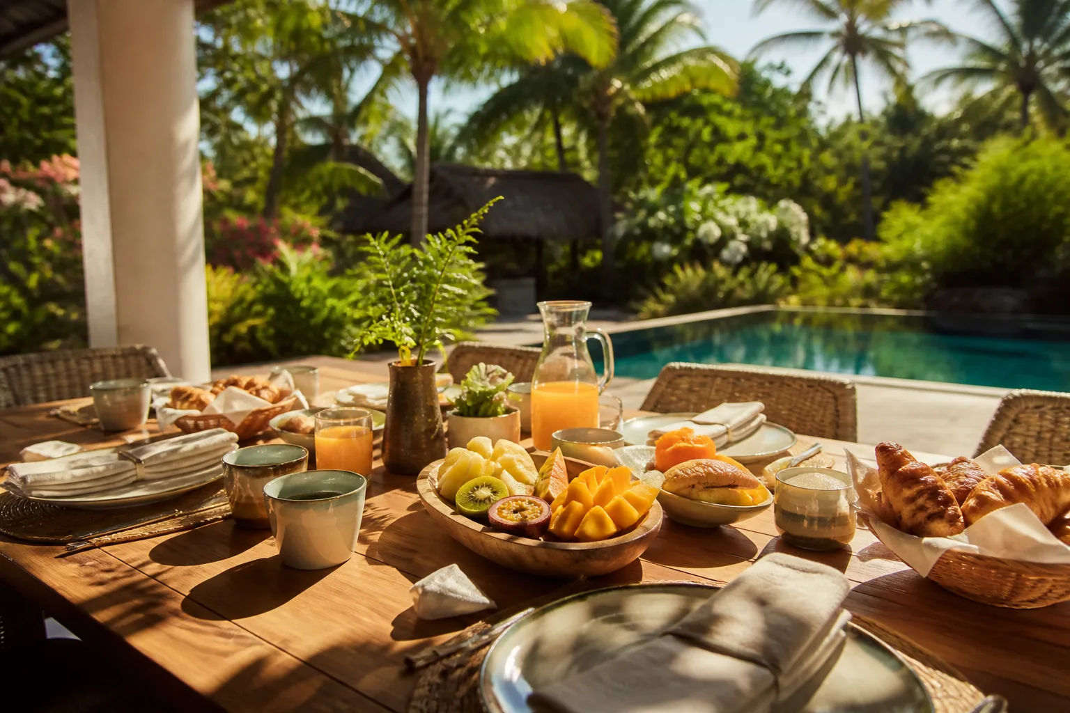 Hausgemachtes Brunch auf der Terrasse einer privaten Villa mit Pool auf Mauritius Hausgemachtes Brunch auf der Terrasse einer privaten Villa mit Pool auf Mauritius