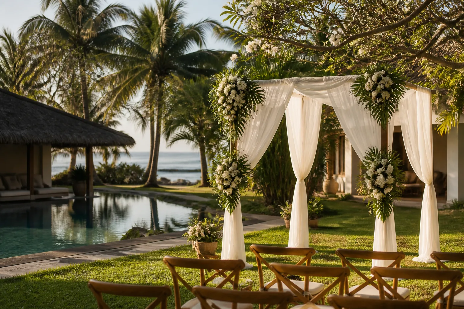 Intimate wedding ceremony set up in the tropical garden of a boutique hotel in Mauritius Intimate wedding ceremony set up in the tropical garden of a boutique hotel in Mauritius